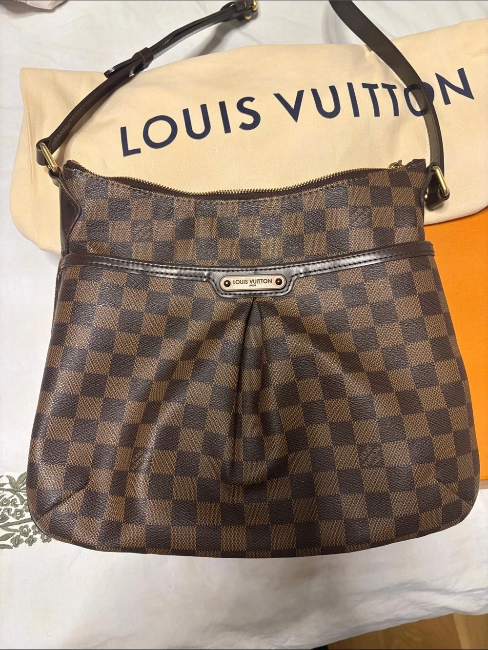Louis Vuitton Damier Ebene Shoulder Bag with Dark Brown Trim and Gold Hardware